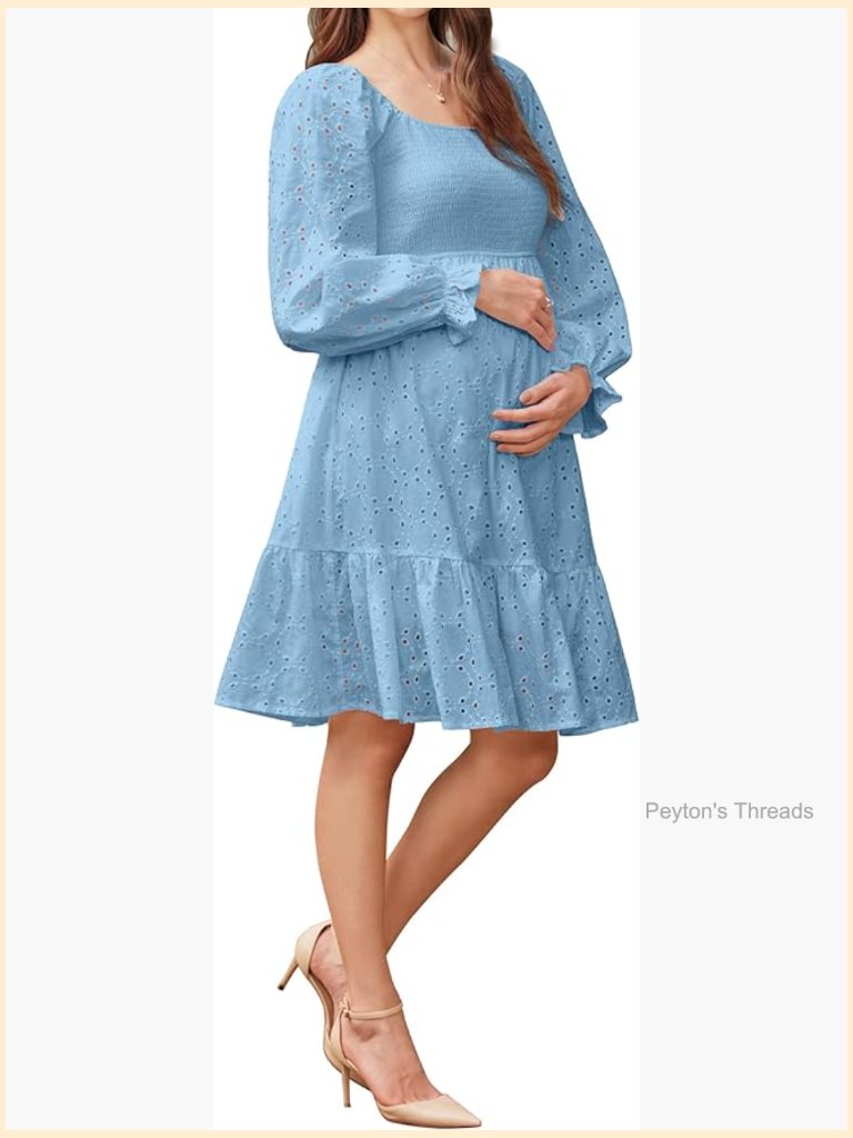 100% Cotton Maternity Dress Square Neck Eyelet Smocked Tiered Midi